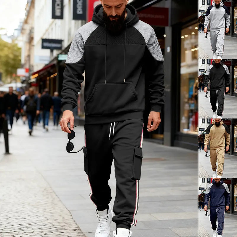 Loose colour-block textured hoodie and sweatpants casual set in black with hood and long sleeves