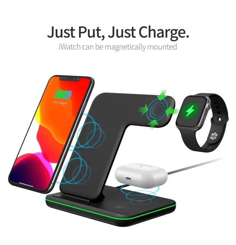 White three-device wireless charging stand on desktop with phone, watch, and headset charging simultaneously