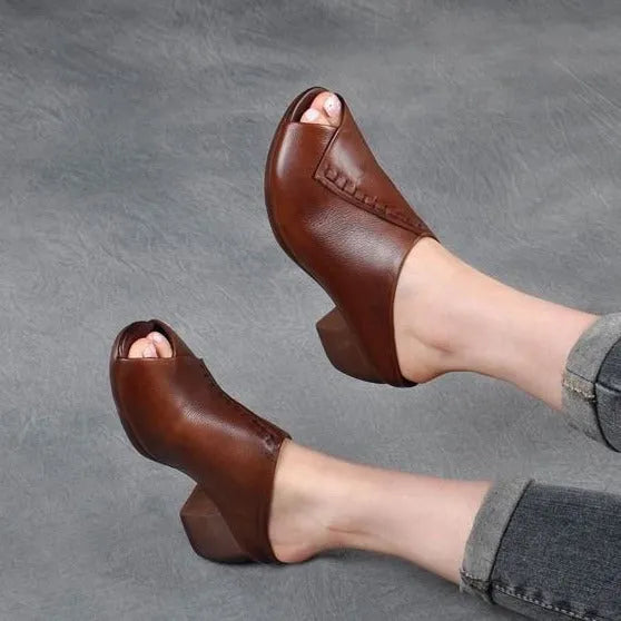 Women's black square heel peep-toe slipper sandals with a fish-mouth opening and rubber sole.