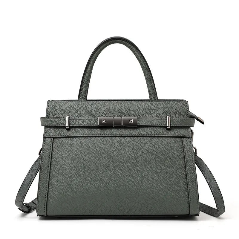 Women's genuine leather crossbody clamshell bag in horizontal square shape with multiple internal compartments