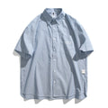 Blue striped loose fit cotton blend overshirt with short sleeves and cardigan style