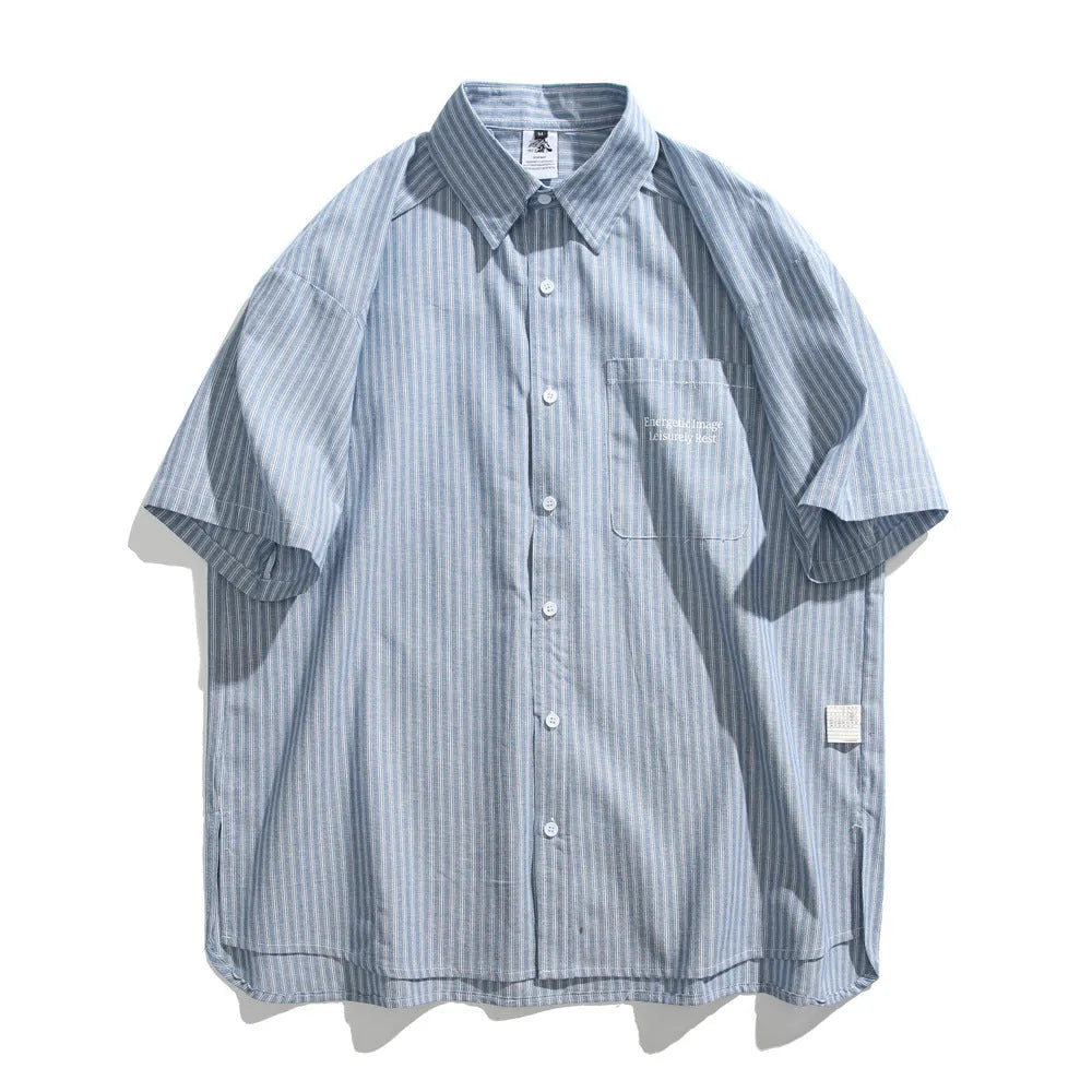 Blue striped loose fit cotton blend overshirt with short sleeves and cardigan style