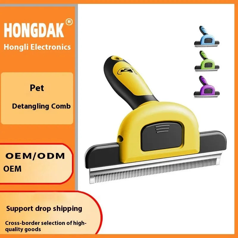 Blue and yellow dog grooming comb with stainless steel blades for pet hair removal and knot untying