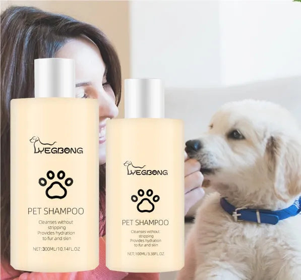 Bottle of mild pet shampoo for dogs and cats, showing 100ml and 300ml size options.