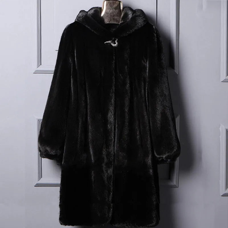 Women's black faux fur hooded coat with regular sleeves on a hanger