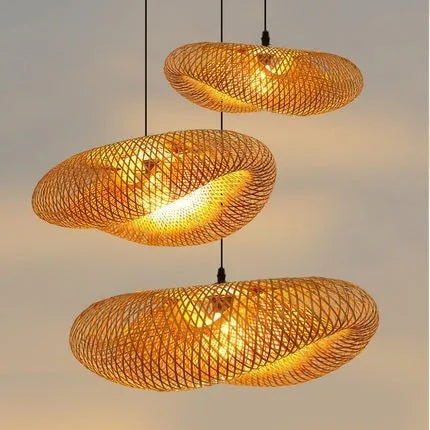 Straw hat-shaped bamboo rattan hanging lamp with woven texture, shown as a pendant ceiling light.