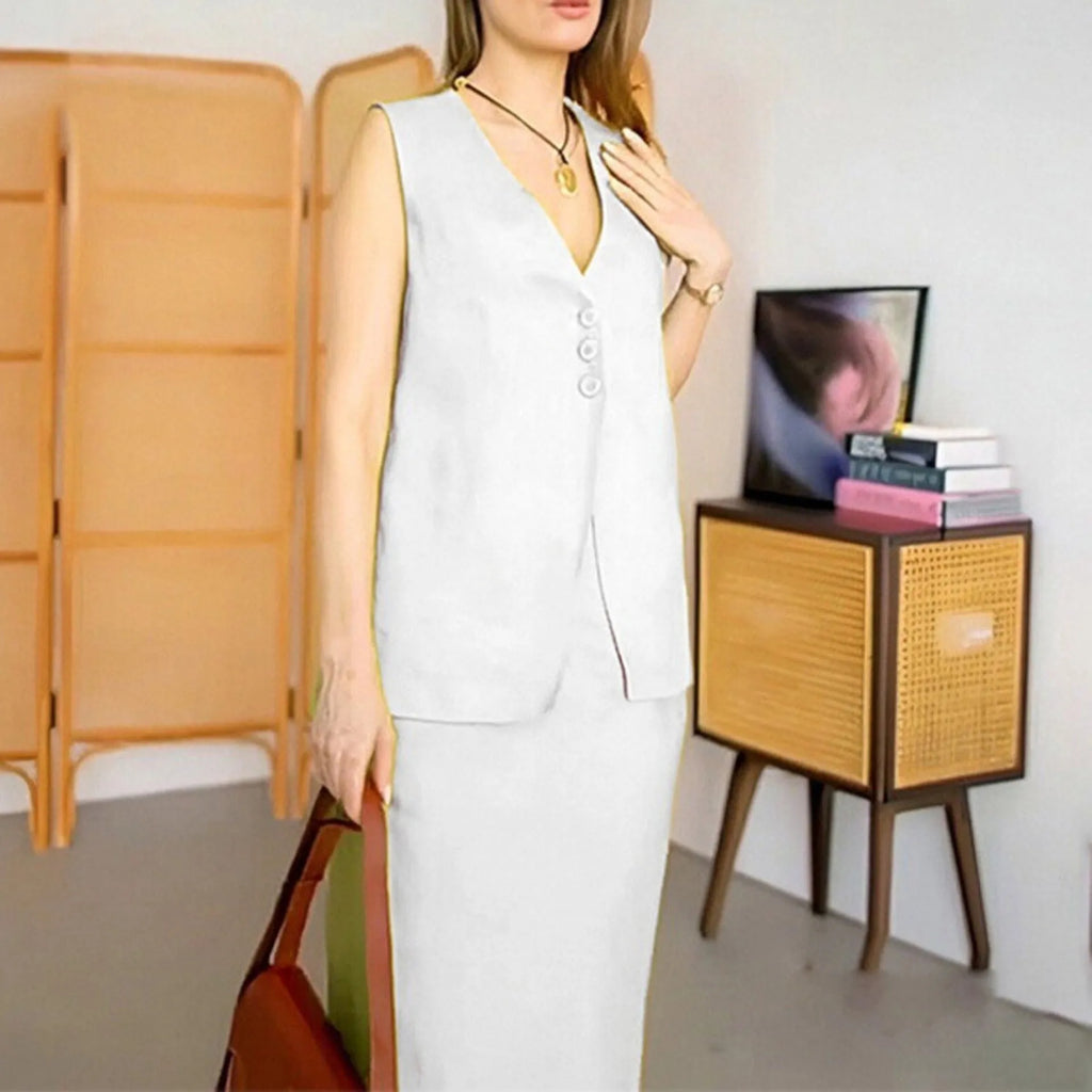 Women's sleeveless vest and long skirt two-piece suit in blue, white, or yellow polyester fabric