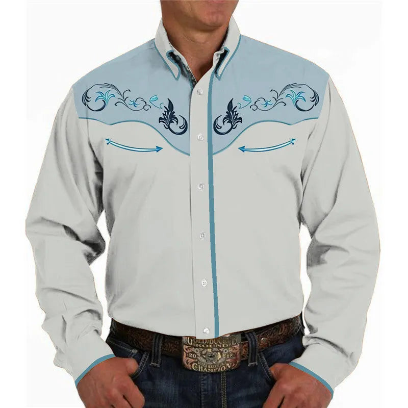 Men's casual 3D printed polyester lapel long sleeve pullover shirt in colour match pattern, loose fit, size S to 6XL