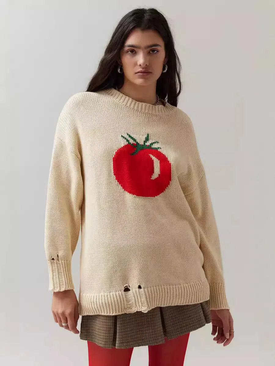 Women's loose-fitting milky white acrylic sweater with Jacquard knit texture and round neck.