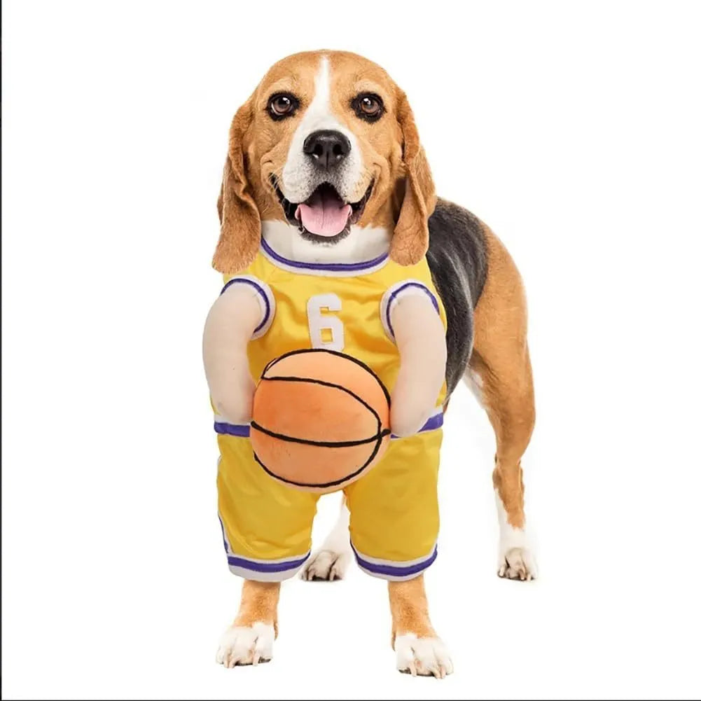 Red and yellow dog basketball costumes with attached ball element in small, medium and large sizes