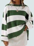 Women's striped loose sweater with bell sleeves and crocheted flower decoration.