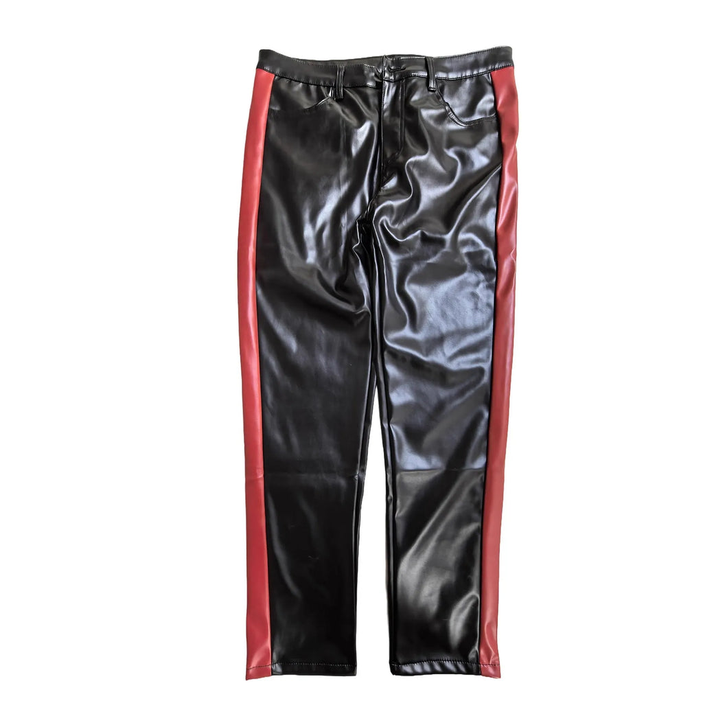 Black PU leather skinny cropped trousers mid waist button fly dance nightclub women