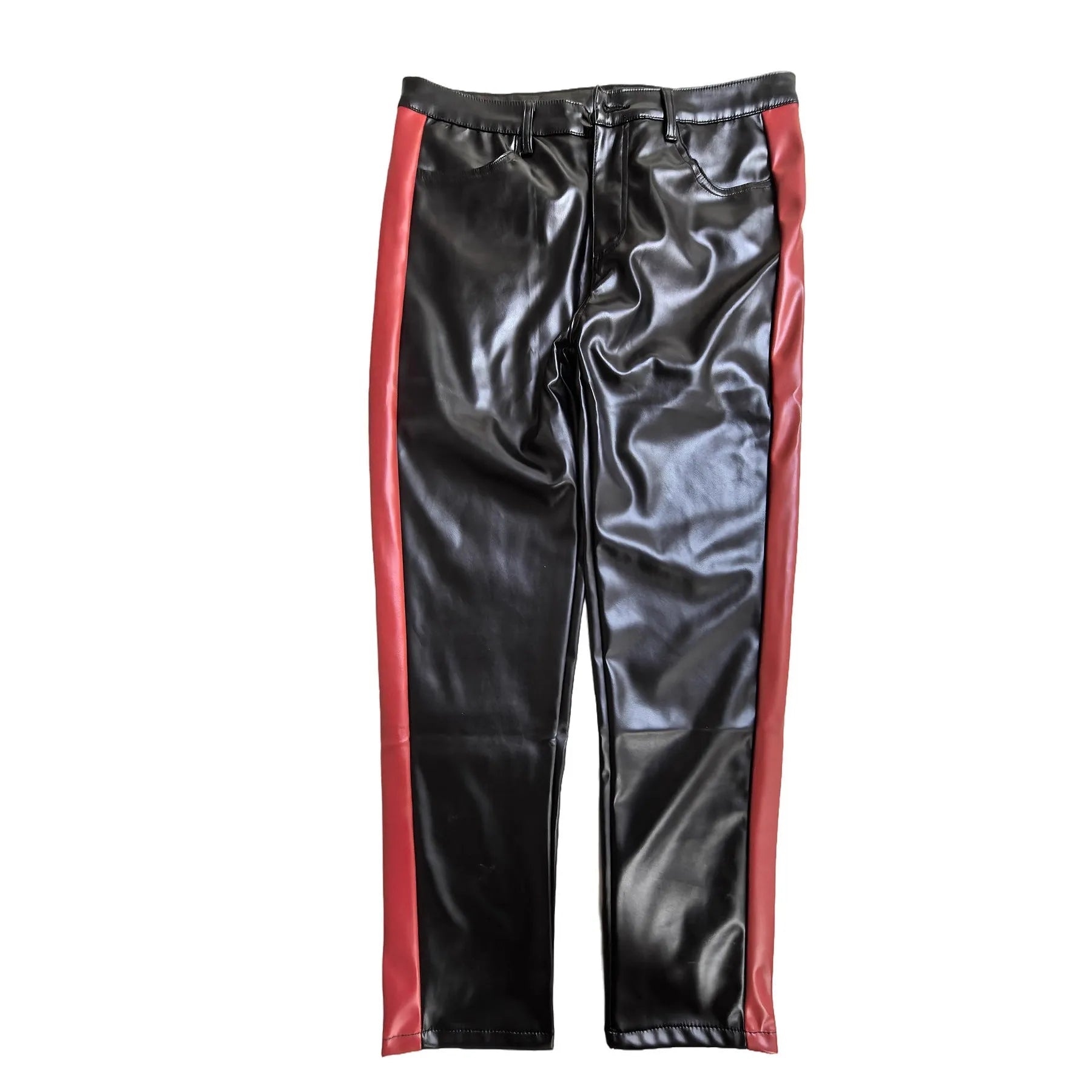 Black PU leather skinny cropped trousers mid waist button fly dance nightclub women