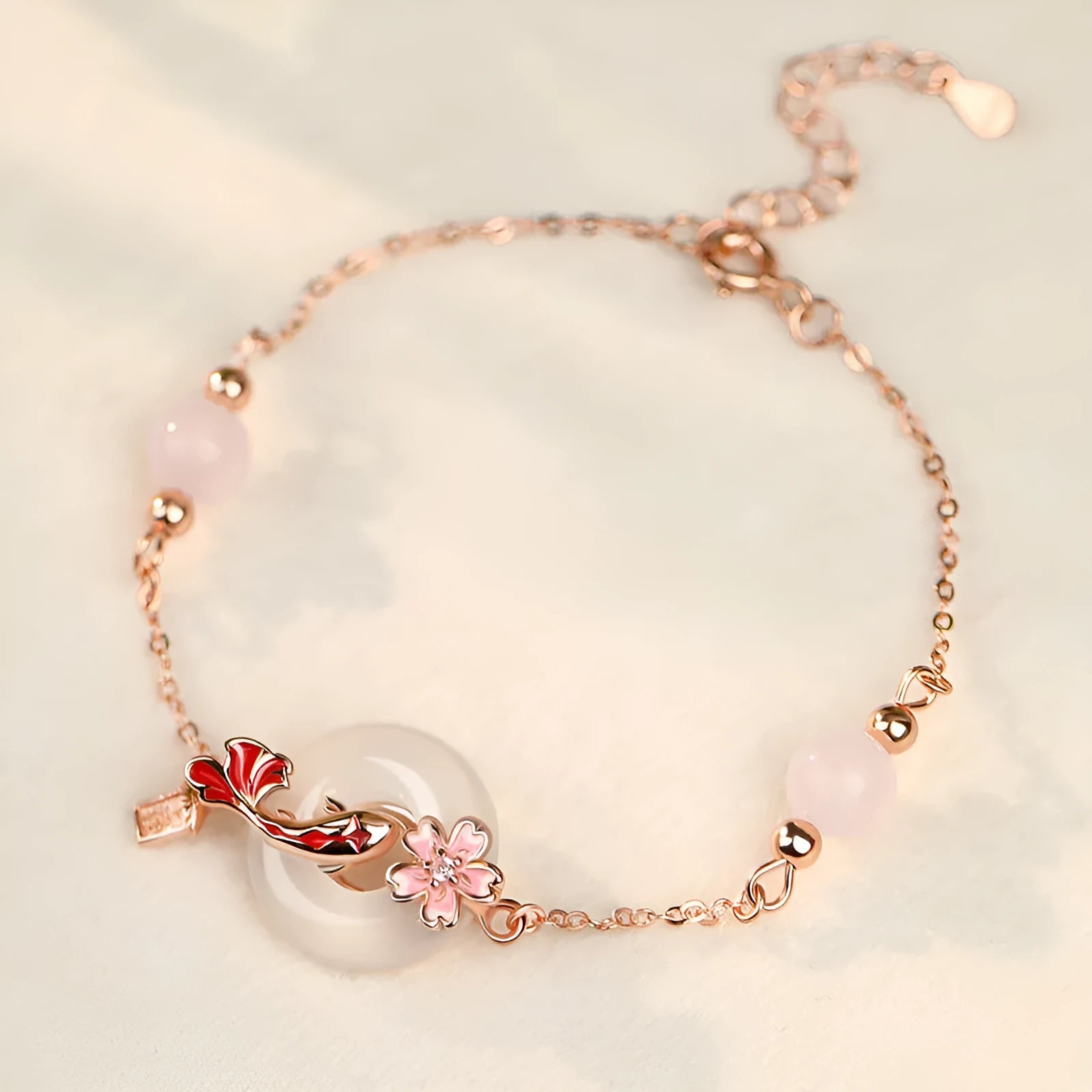 S925 sterling silver women's bracelet with white chalcedony crystal and Koi-themed new Chinese floral design.