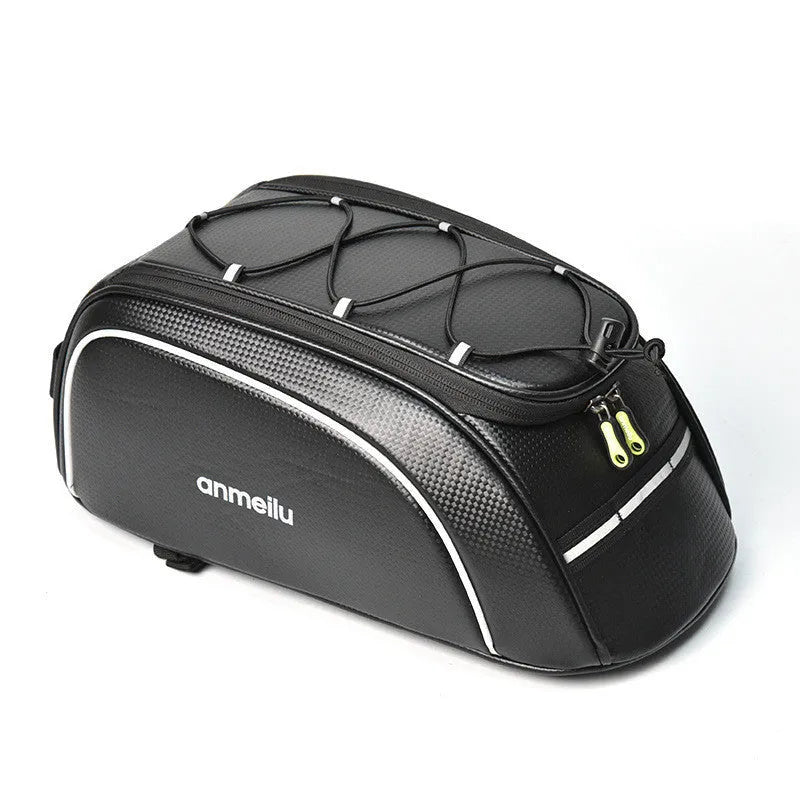 Waterproof black bicycle rear rack bag with 8L capacity mounted on bike