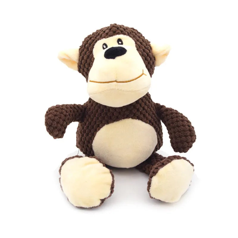 Plush squeaky dog toys in donkey, elephant, orangutan, and rabbit shapes for teeth cleaning and play
