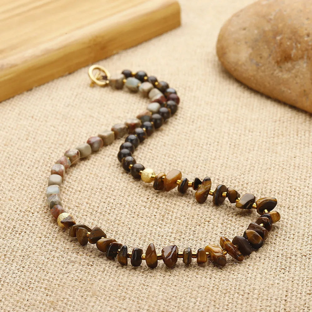Brown Tigereye stone and bronze geometric bracelet with manual craftsmanship details