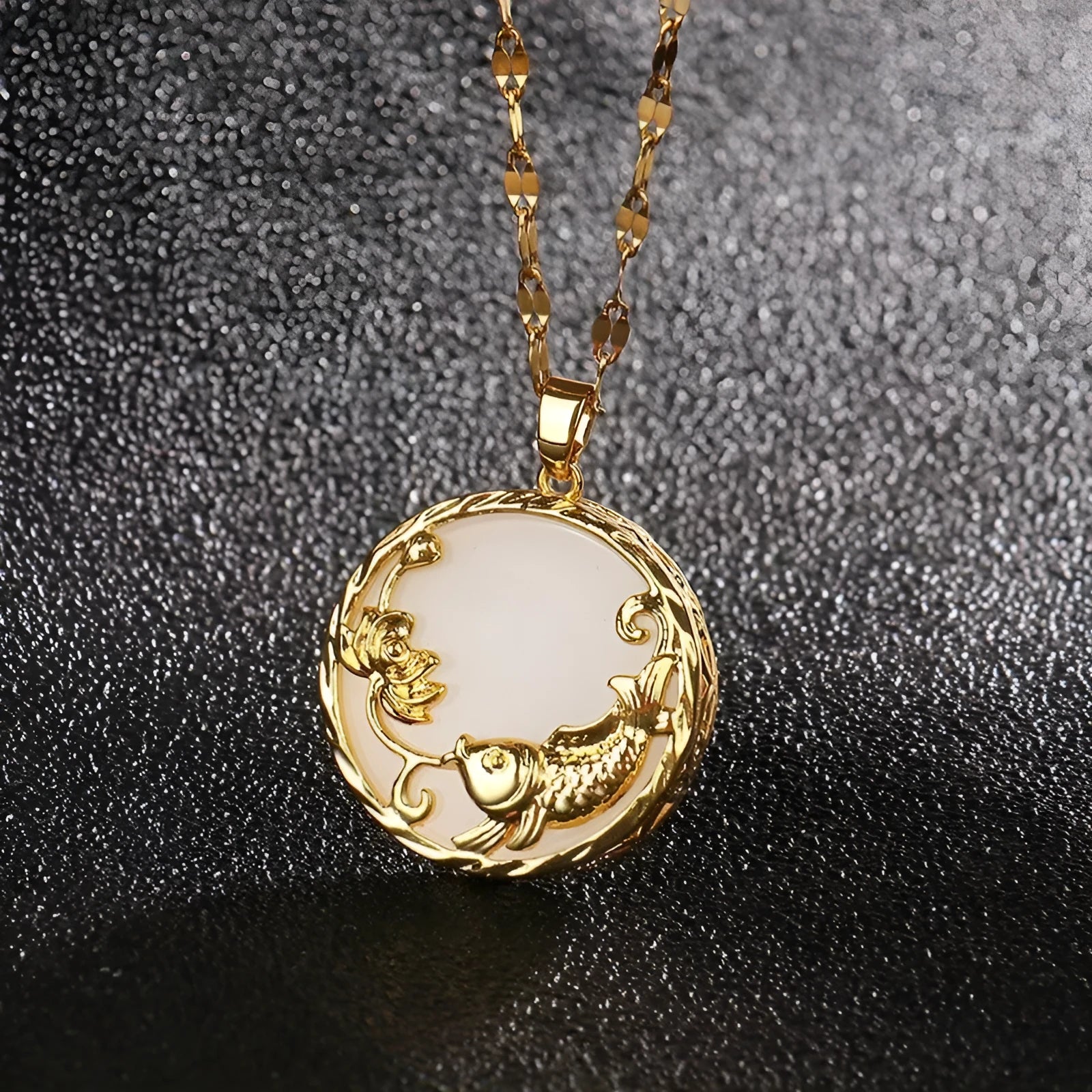 Gold-plated titanium steel necklace with geometric koi pendant and micro inlay, O-ring chain, polished finish