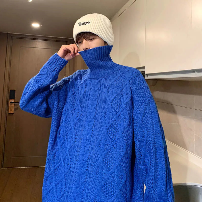 Japanese-style retro green jacquard turtleneck sweater, loose fit wool blend knit jumper for women