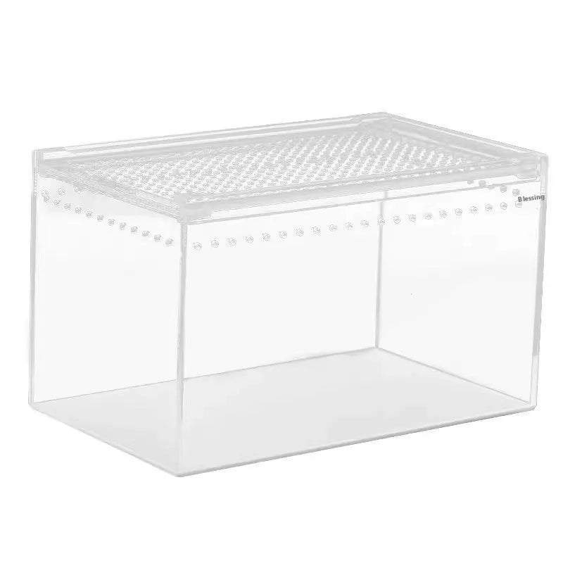 Clear acrylic reptile feeding box with five size options for different reptile species