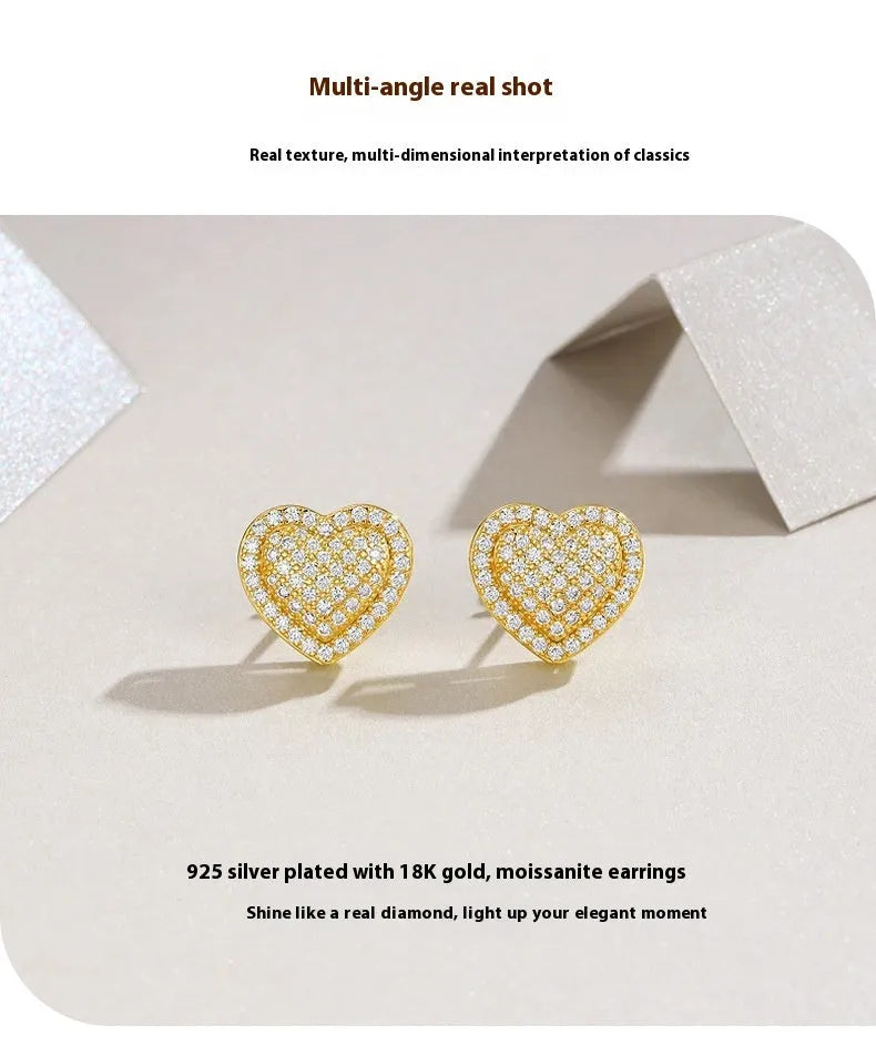 Golden heart-shaped stud earrings made from S925 silver with moissanite stones