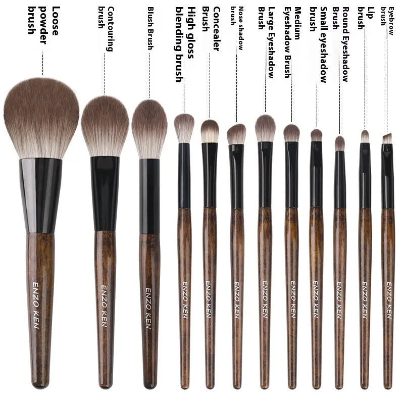 12-piece makeup brush set with wooden handles in protective PU brush bag