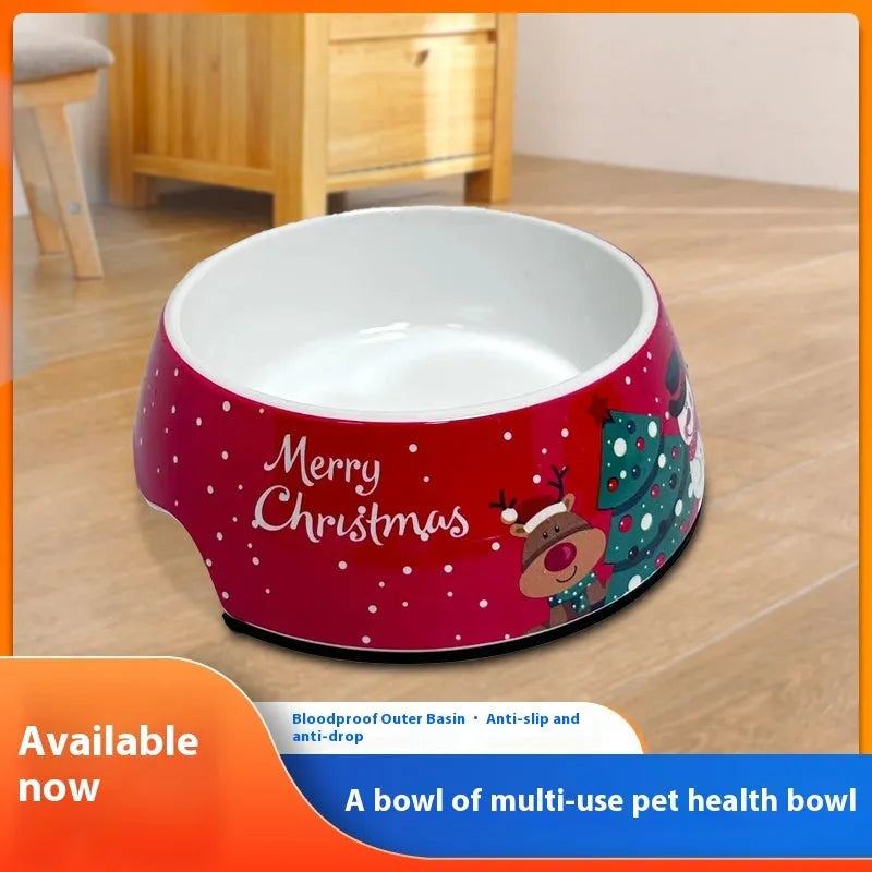 Red Christmas-themed double layer pet bowl with stainless steel insert for dogs and cats