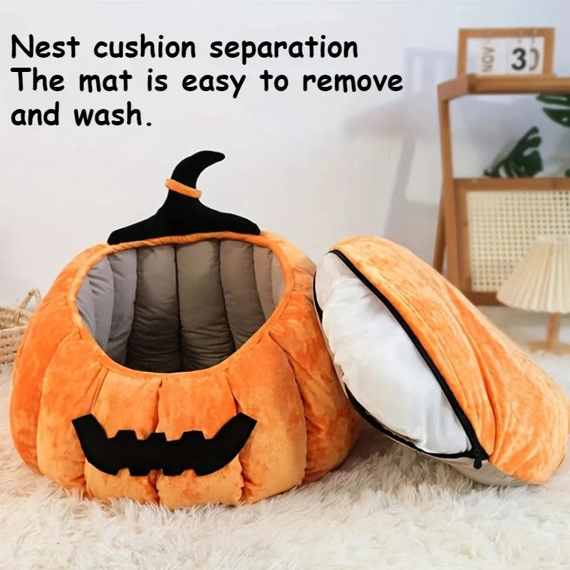 Orange Halloween pumpkin-shaped soft plush cat bed with a cartoon devil face design.