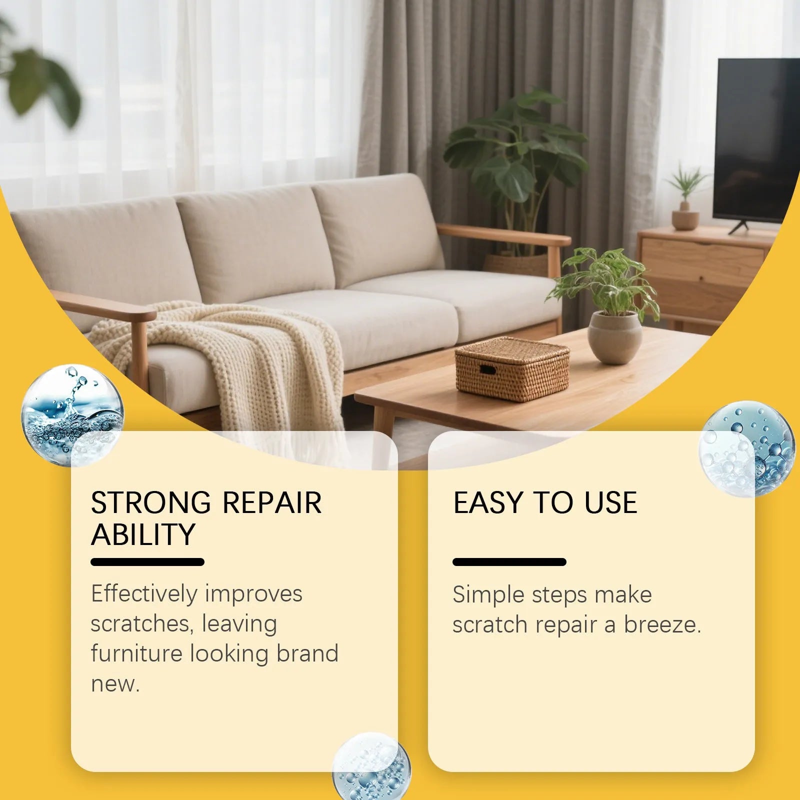 Wooden furniture scratch care kit with 100ml bottle and microfiber towel for surface maintenance