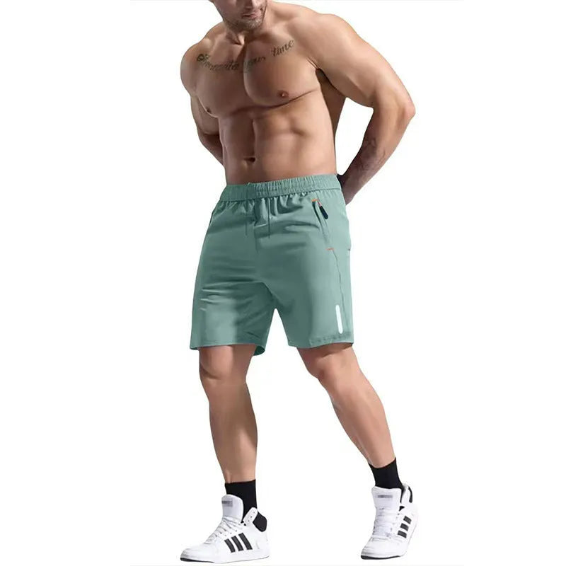 Men's grey elastic waist sports shorts made from bamboo fibre blend fabric on a neutral background.