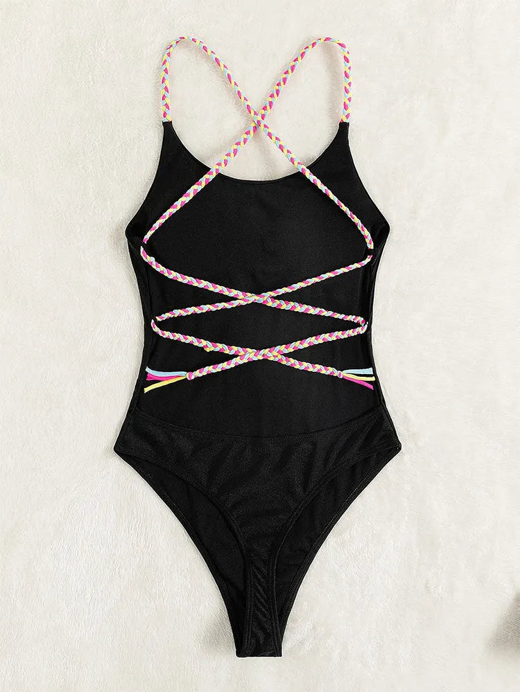 Black backless one-piece swimsuit for women made from nylon fabric
