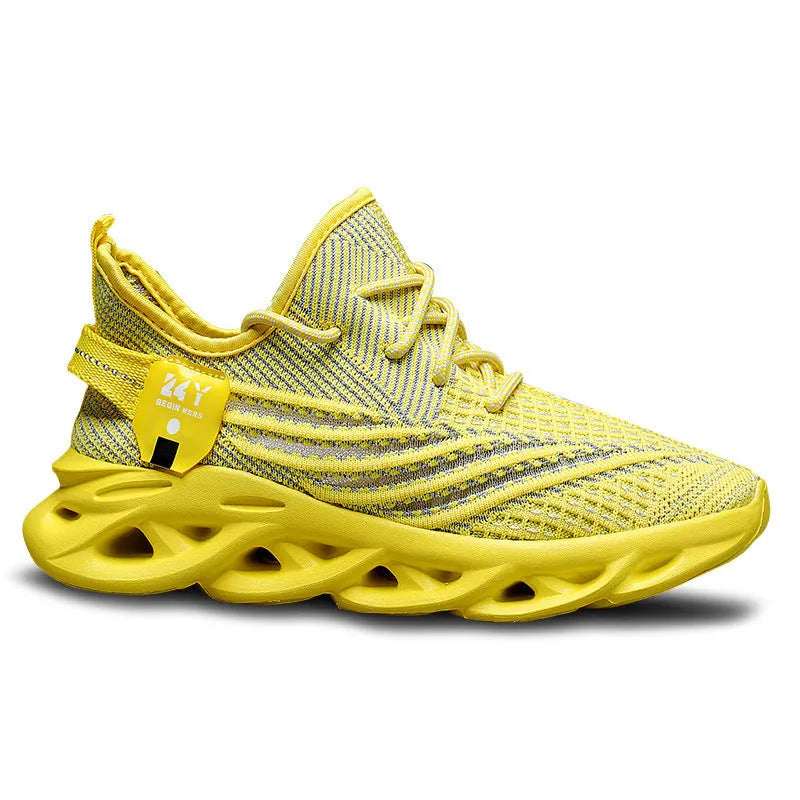 Men's blue breathable mesh casual sneakers with a platform sole on a white background.