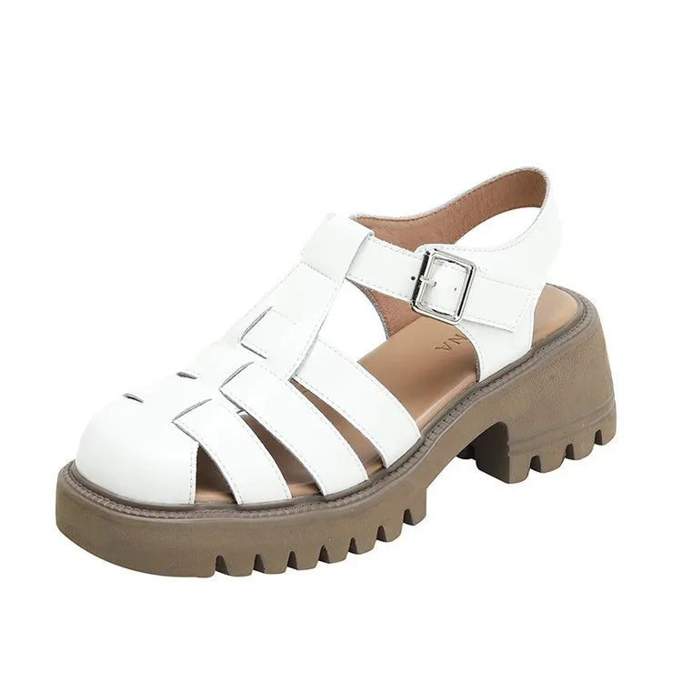 Women's closed toe platform hollow sandals with chunky heels and buckle fastening in black colour