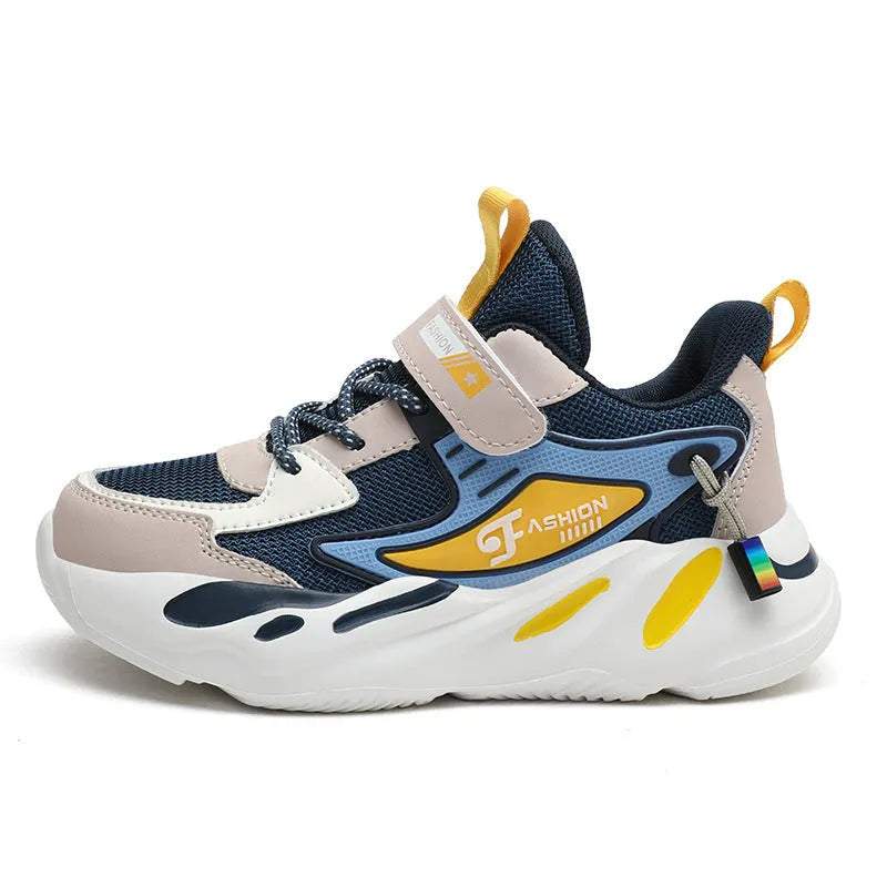 Boys' blue and black sports running shoes with velcro fastening and platform sole