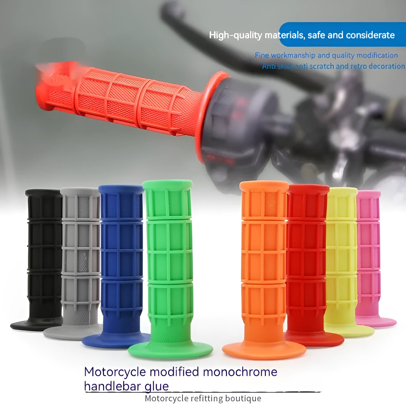 Pair of motorcycle handlebar end grips in assorted colours showing 22mm diameter fit.