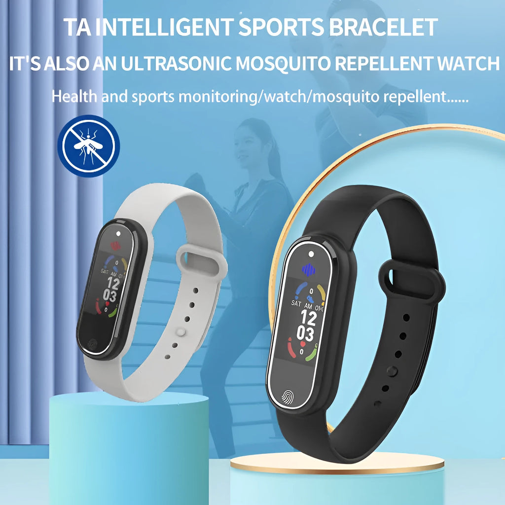 Black electronic mosquito repellent bracelet with USB charging port on wrist