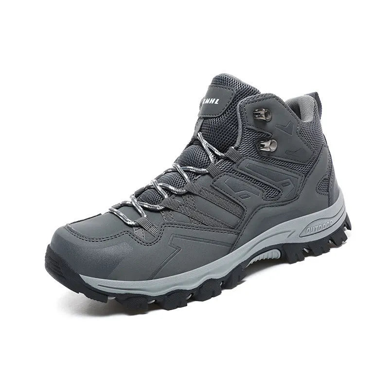 Low-top hiking sneakers in multiple colours on a rocky outdoor trail.
