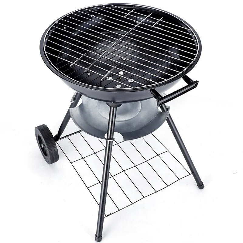 Portable iron barbecue grill with a 14-inch circular apple stove cooking grate.