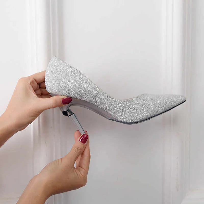 Silver sheepskin telescopic heel foldable high-heeled shoes with bright diamond finish and rubber sole