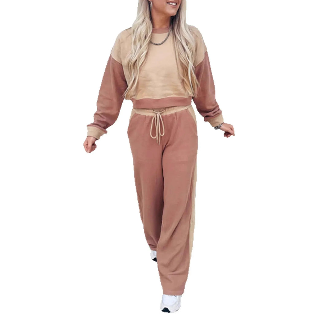 Women's camel colour cotton lounge set with matching top and trousers
