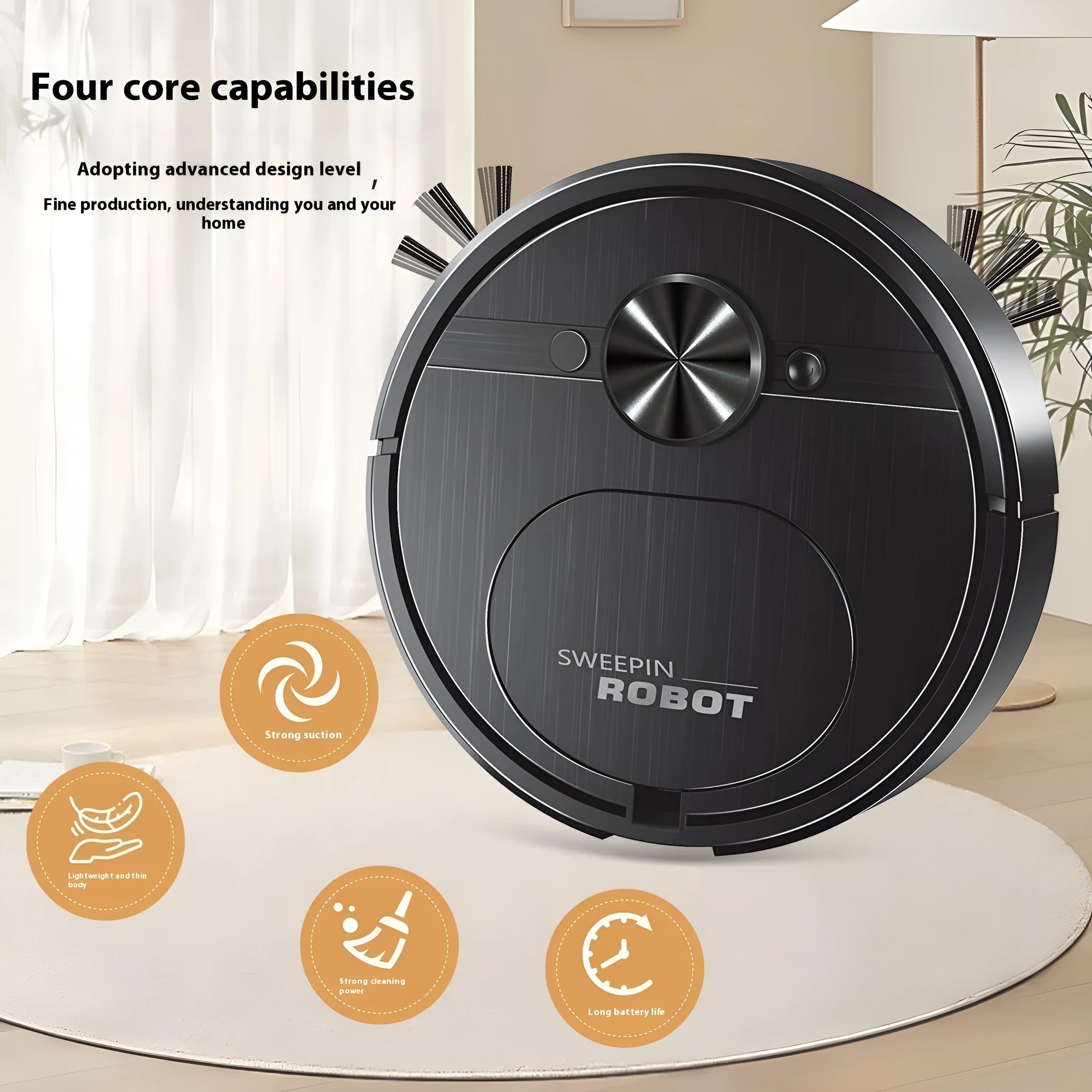 Black and white three-in-one robot vacuum cleaner with USB charging cable and cleaning accessories
