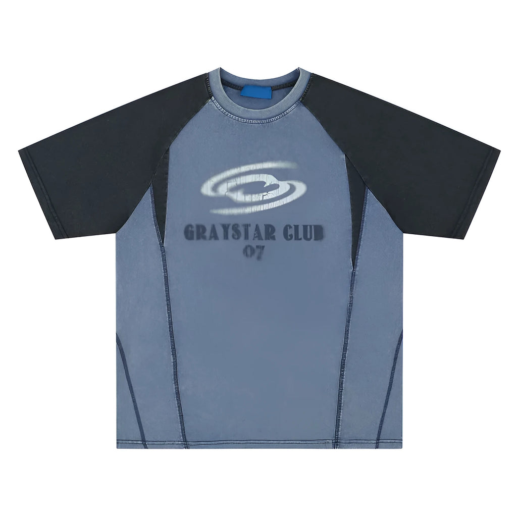 Men's blue hip hop letter print cotton T-shirt with raglan sleeves and loose fit design