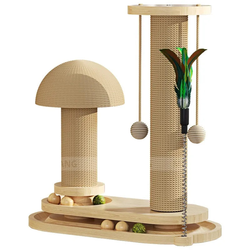 Solid wood cat scratching post with turntable climbing frame in various design options