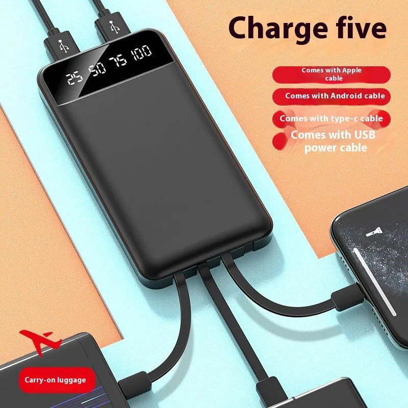 Black industrial-style 20000 mAh power bank with integrated USB charging cable showing compact dimensions.
