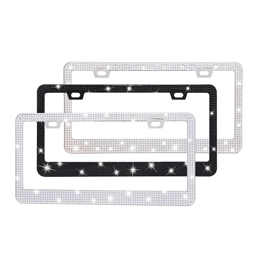 Stick-on crystal decorative licence plate frame on stainless steel with square hole design