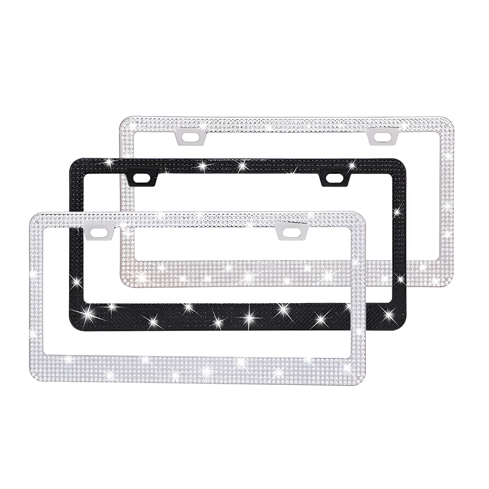 Stick-on crystal decorative licence plate frame on stainless steel with square hole design