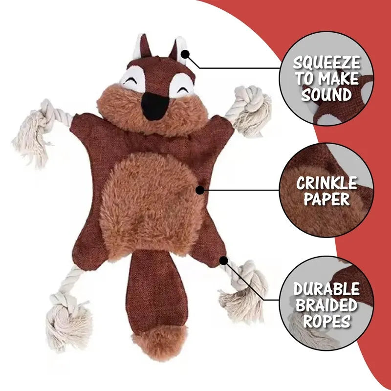 Set of six assorted plush squeaky dog toys in animal shapes including fox, koala, monkey, rabbit, squirrel, and tiger