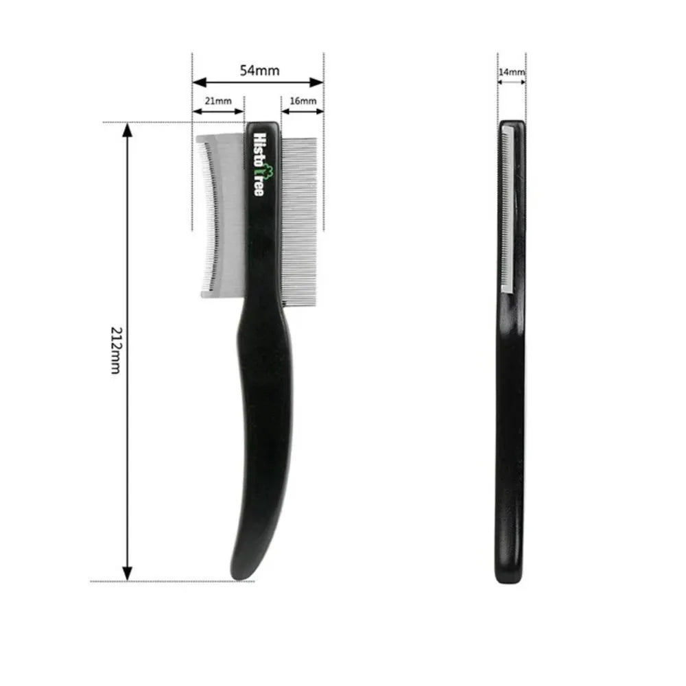Black dual-sided pet grooming comb with wooden handle and stainless steel teeth for cats and dogs