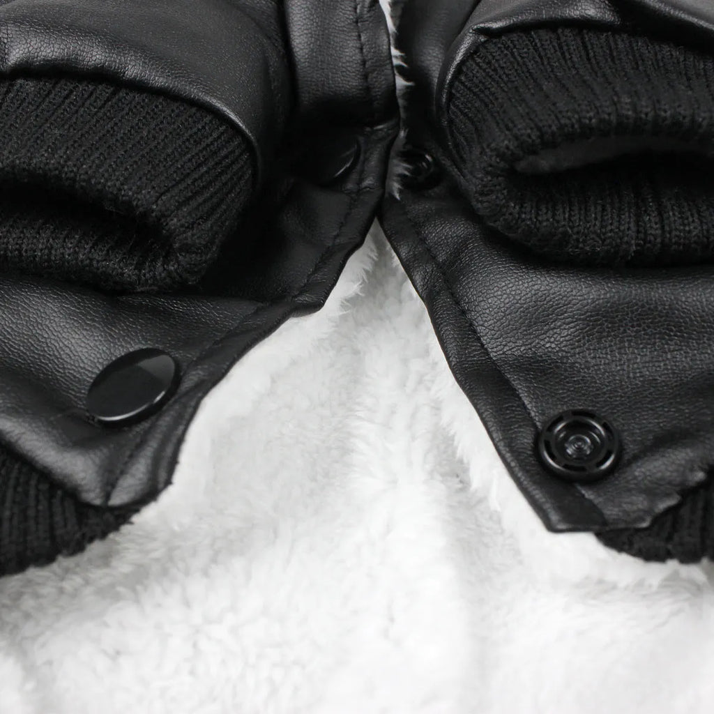 Leather dog coat with fur collar in British style design for autumn and winter