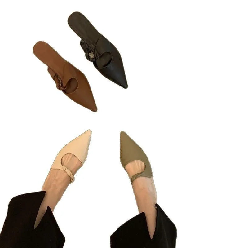 Women's leather slippers with semi-toe box design in four colour options